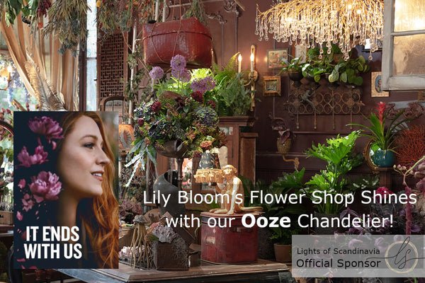 Lily Bloom’s Boho-chic flower shop from IT ENDS WITH US, featuring Lights of Scandinavia’s Ooze Chandelier. Surrounded by antique décor, lush plants, and hanging baskets, the chandelier adds a warm, elegant glow to the shop’s unique aesthetic.