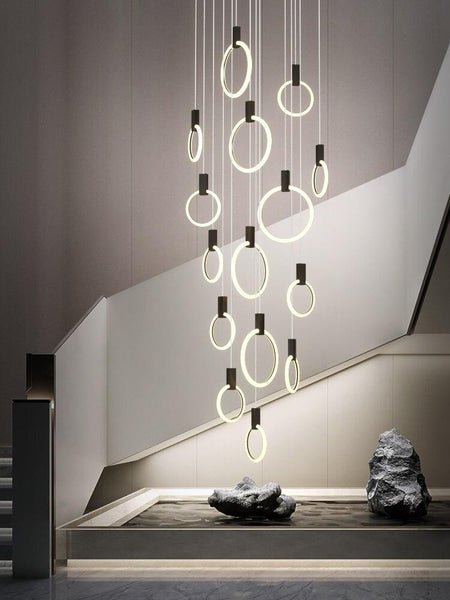 Lights of Scandinavia - Halo - Modern hanging stair LED chandelier. Perfect for creating a mood in any corner or in a stair. Aluminum/acrylic rings. Specifications Light Source LED Bulbs Base Type 2G11 Is Bulbs Included Dimmable Switch Type Power Source AC, 110-240V Lighting Area Coverage Installation Type Semiflush Mount Body Material Acrylic Warranty 2 years Certification CCC, CE, CQC, FCC, GS, LVD, PSE, ROHS, SAA, UL