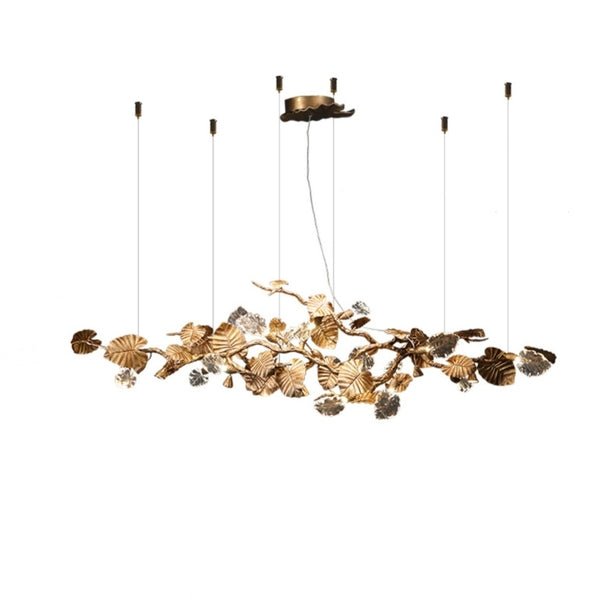 Elegant Lotus chandelier featuring delicate lotus leaf pendants made of transparent material, capturing light with a crystalline shimmer. The slender, organic brass copper branch adds warmth, while the LED lights provide a cool glow. Ideal centerpiece for a sophisticated dining area or tranquil bedroom retreat.