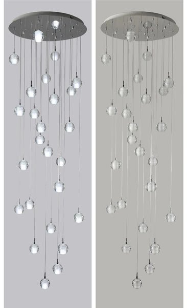 Polar Ball Stairs Chandelier with stainless steel frame and shimmering glass balls, showcasing modern design and icy elegance. Features energy-efficient LED G4 bulbs for bright, long-lasting illumination in contemporary interiors.