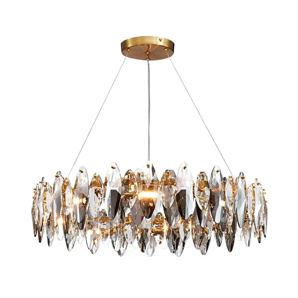 Serenity Crystal Chandelier with premium K9 crystals, semi-flush mount design, modern elegance, and soft ambient lighting for living room, dining area, or entryway. Features sparkling crystal accents and a sleek metal finish.