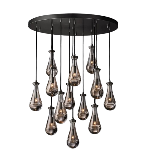 Raine Modern Chandelier with K9 crystal prisms and sleek metal design, perfect for high-ceiling living rooms, foyers, and upscale interiors. Adjustable height, energy-efficient LED compatible.