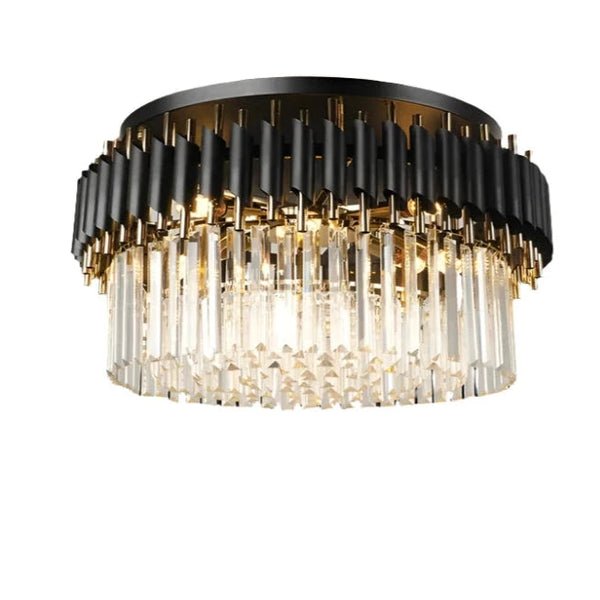 Grandiosa chandelier with K9 crystals and LED lighting, featuring a sleek black and golden finish, designed for modern luxury interiors, providing a sophisticated and dazzling illumination.