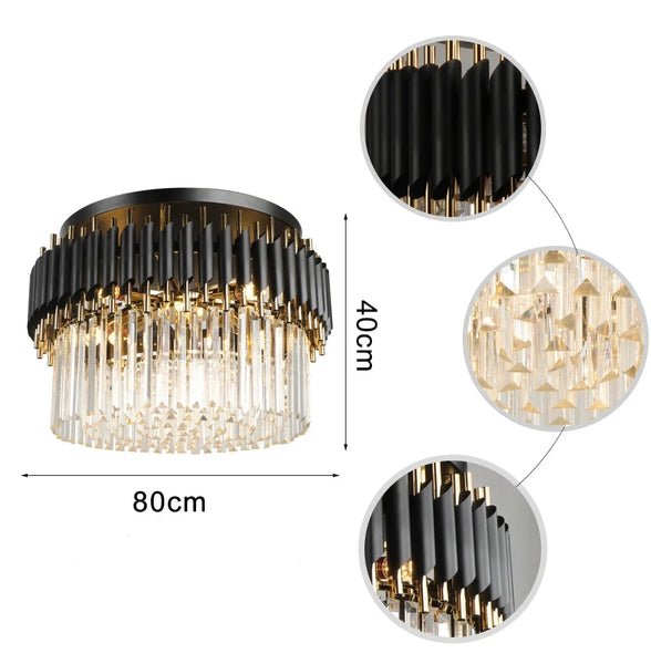 Grandiosa chandelier with K9 crystals and LED lighting, featuring a sleek black and golden finish, designed for modern luxury interiors, providing a sophisticated and dazzling illumination.