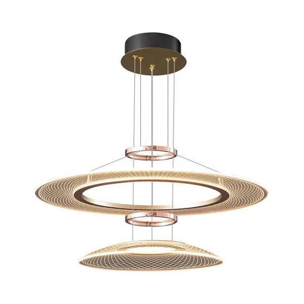 Dröme modern LED chandelier with sculptural acrylic rings and soft ambient glow, Nordic-style ceiling light ideal for living rooms, bedrooms, stairwells, and hotel lobbies.