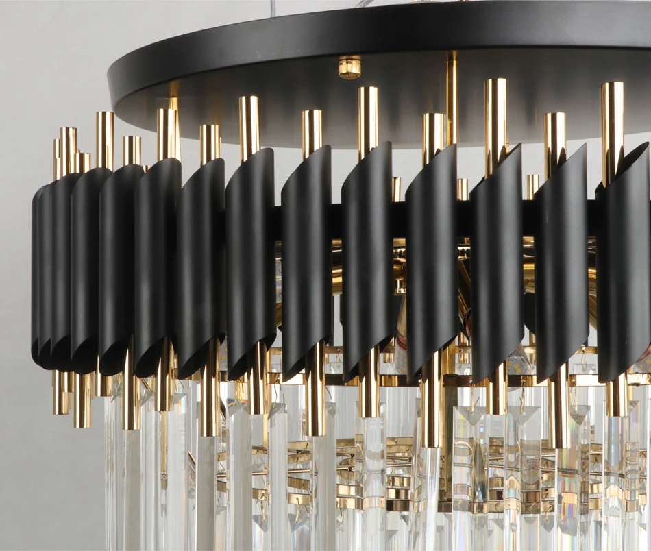 Grandiosa chandelier with K9 crystals and LED lighting, featuring a sleek black and golden finish, designed for modern luxury interiors, providing a sophisticated and dazzling illumination.
