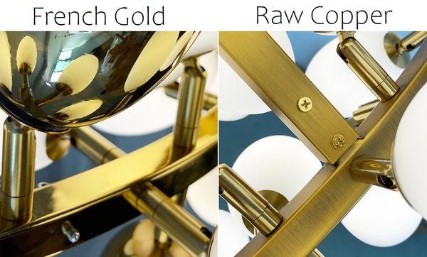 Lights of Scandinavia - Zygote High-quality white glass cluster chandelier. Organic-inspired design paired with luxury materials. Perfect for dining rooms, living areas, entrance halls, hotel areas, restaurants, etc. White glass clusters with base frame in French gold color or Raw copper.