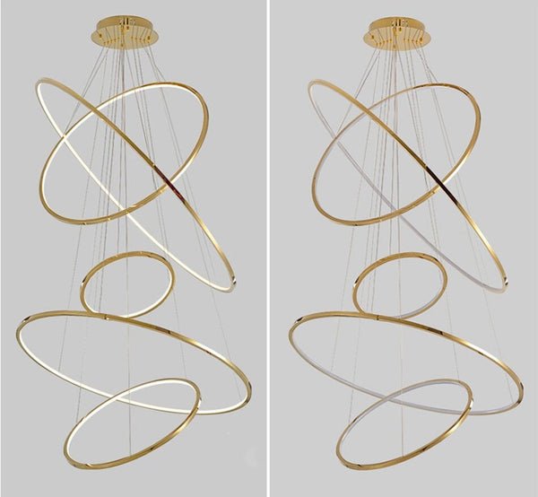 Lights of Scandinavia - Vienna - Simple yet elegant pendant light/chandelier. Modern minimalistic design, 1.5mm stainless steel with a vacuum plated gold surface and polymer silicone lampshade. Long-life LED chip. Adjustable hanging length. For high ceilings, we can customize suspension wires according to your request. Suitable for: Lobbies, bedrooms, living rooms, dining rooms, staircases, etc.