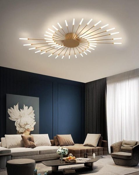 Lights of Scandinavia - Macig Wand - Ceiling mounted LED chandelier. Fits most rooms - livingrooms, bedrooms etc. Creates a bright yet harmonic atmosphere with a magic warm diffuse cascade. Iron body and frame, frosted glass ends. Warm light. Magic Wand comes in 6 different sizes: 12 Heads - 12W, Diameter 80cm, Height 7cm, 8-12m2
